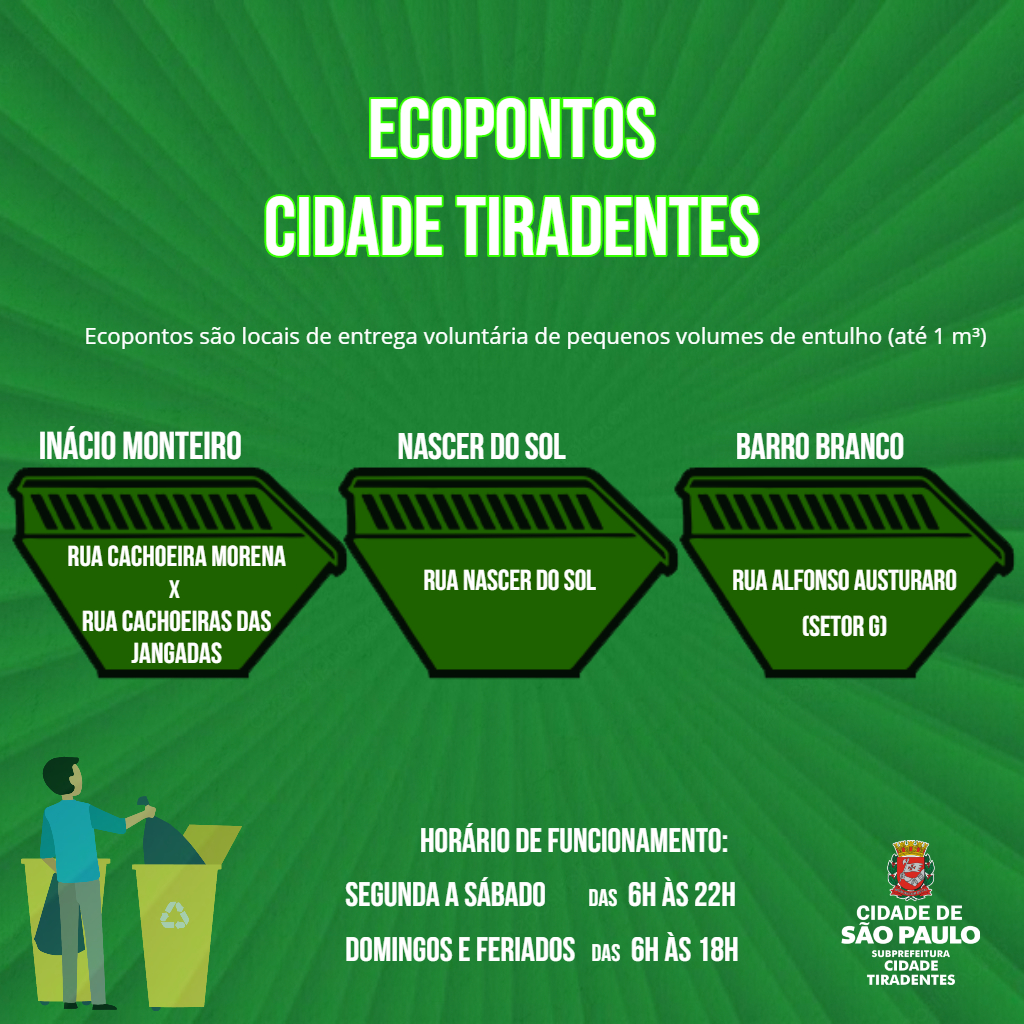 em cor verde predominante e logotipo da prefeitura de são paulo, o cartaz dos Ecopontos mostra desenho de três caçambas com endereço e horário de funcionamento de três ecopontos da Cidade tiradentes